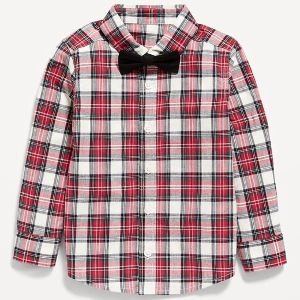 NWT Old Navy Plaid Kids Shirt with Bow Tie Size 3yrs